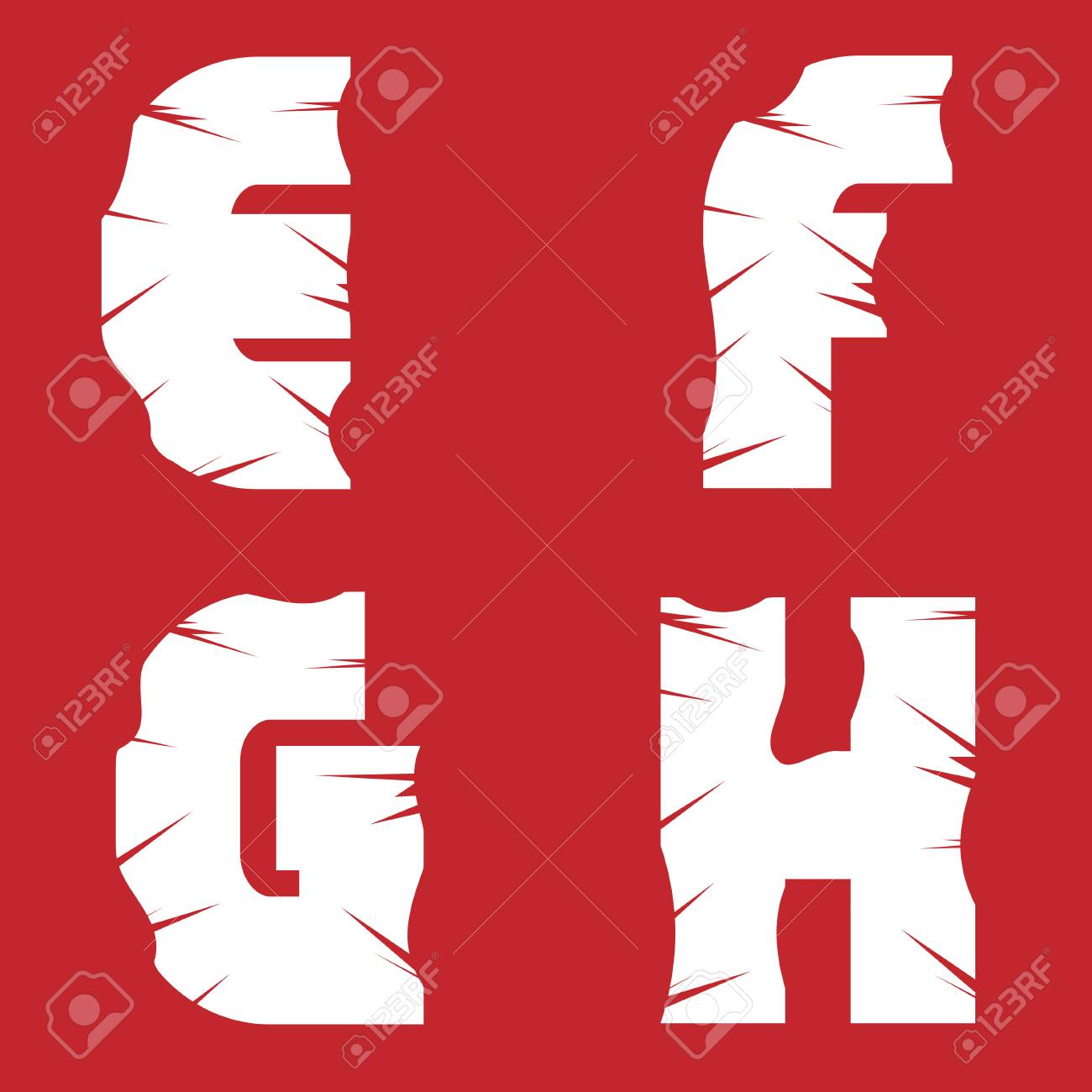 efgh grunge letters white scratch alphabet on the red background