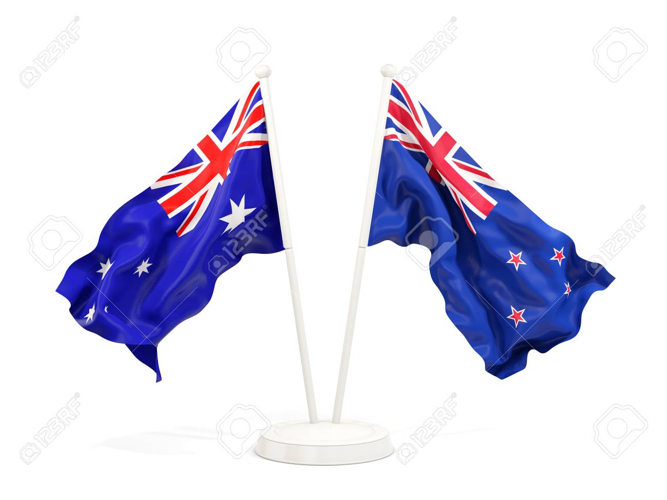 Two Waving Flags Of Australia And New Zealand Isolated On White
