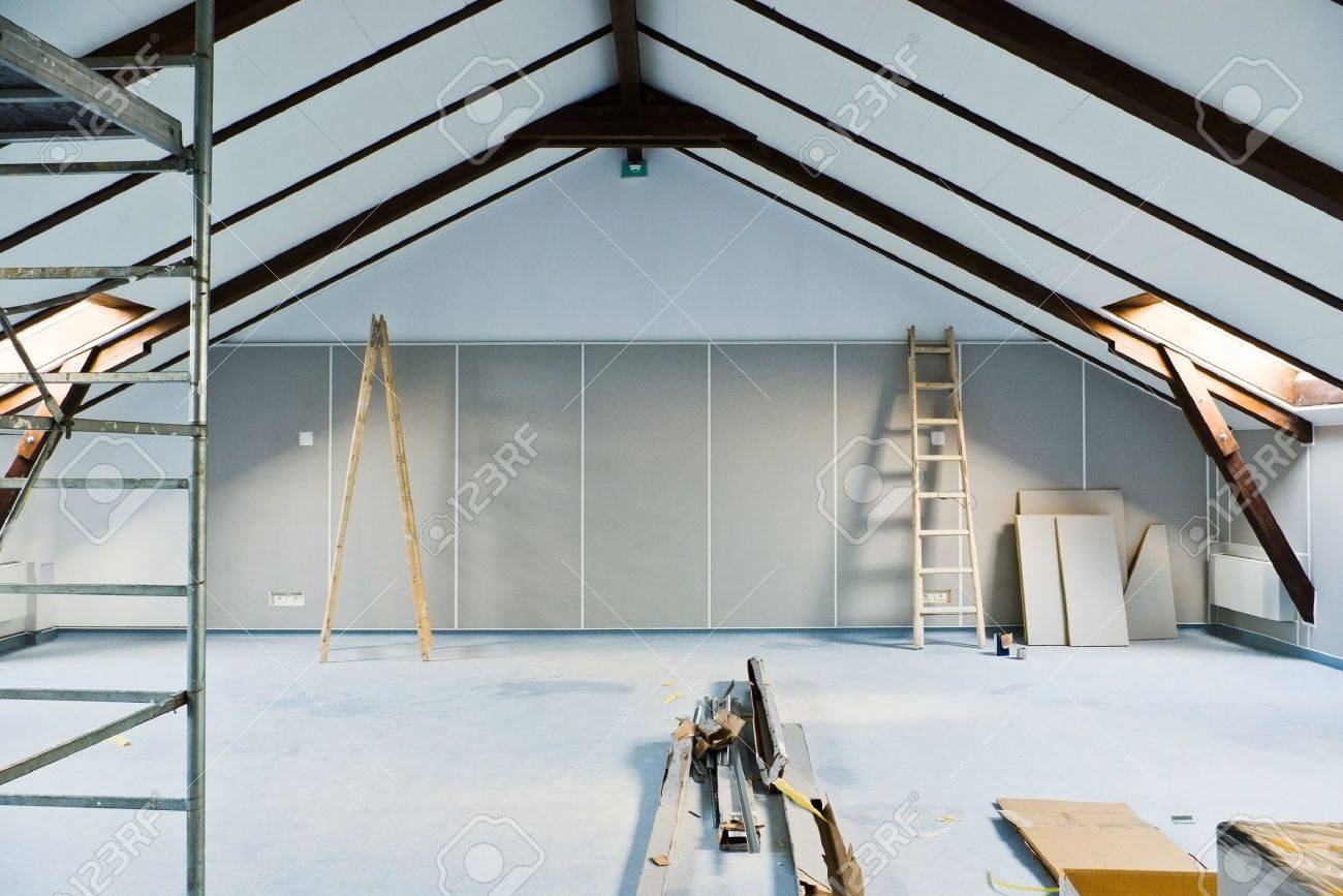 attic renovations with ladder and gray walls - 13386009 attic renovations with ladder and gray walls - 13386009