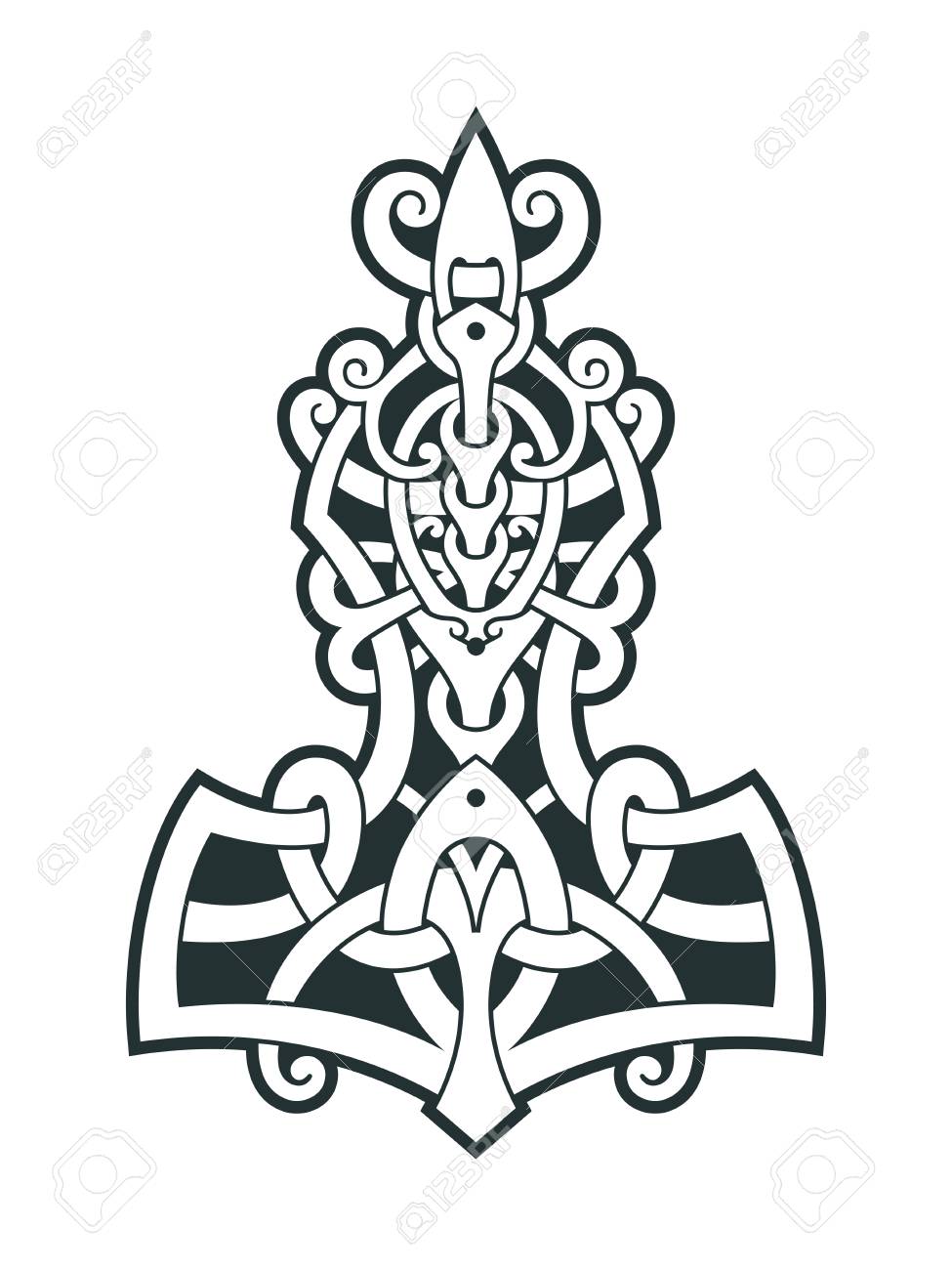 Mjollnir Thor's hammer is an amulet of Vikings. A symbol of Scandinavian mythology. Viking style tattoo. Scandinavian knots Vector illustration. - 97275071 Mjollnir Thor's hammer is an amulet of Vikings. A symbol of Scandinavian mythology. Viking style tattoo. Scandinavian knots Vector illustration. - 97275071