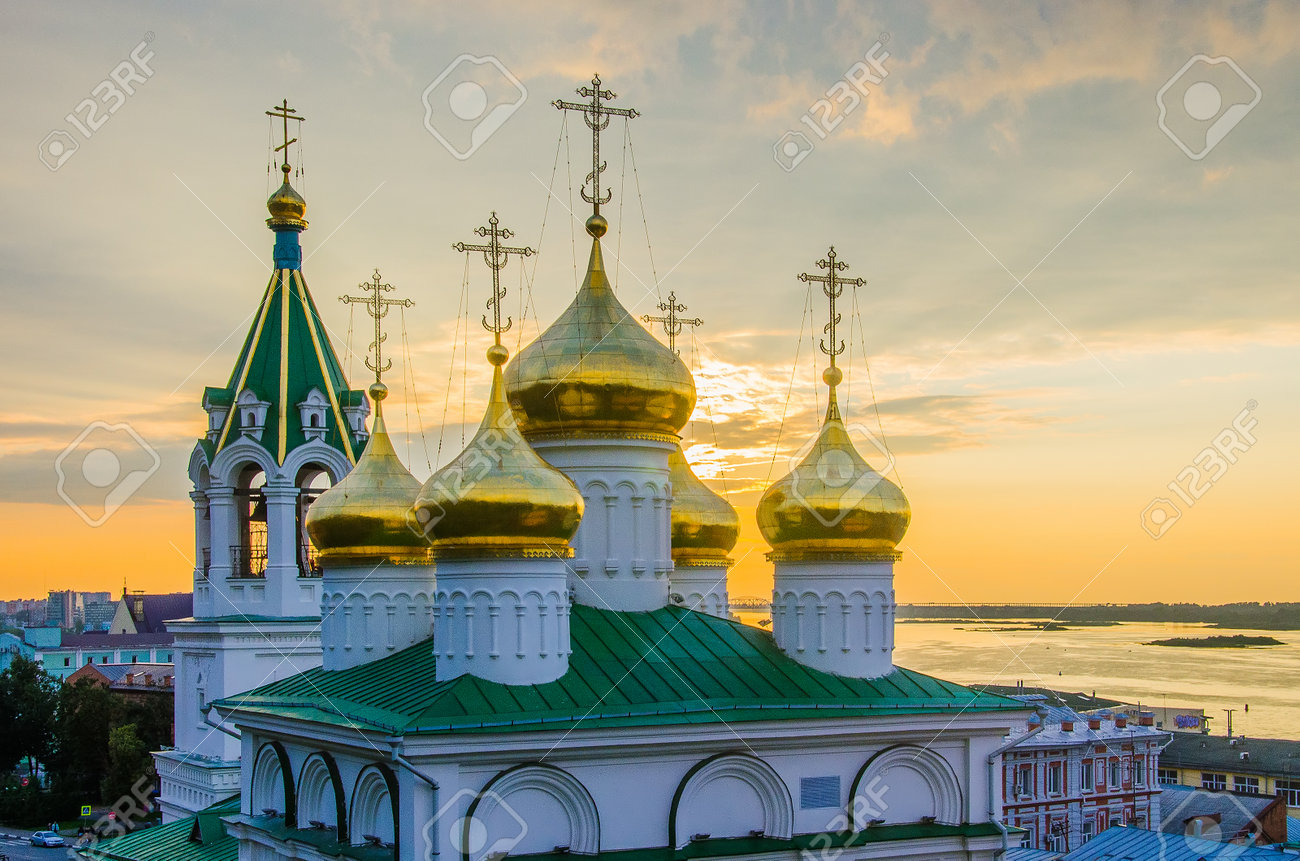 Nizhny Novgorod, Russia - August, 2020: Golden domes of the Church of the Nativity of John the Baptist in Nizhny Novgorod - 162016163 Nizhny Novgorod, Russia - August, 2020: Golden domes of the Church of the Nativity of John the Baptist in Nizhny Novgorod - 162016163