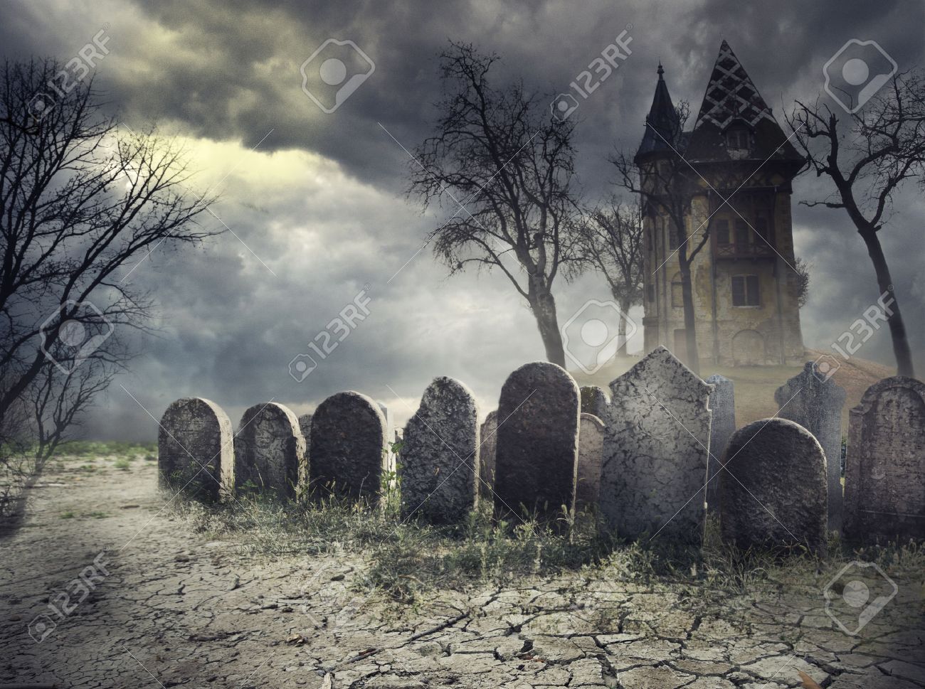 hounted house on spooky graveyard stock photo picture and royalty