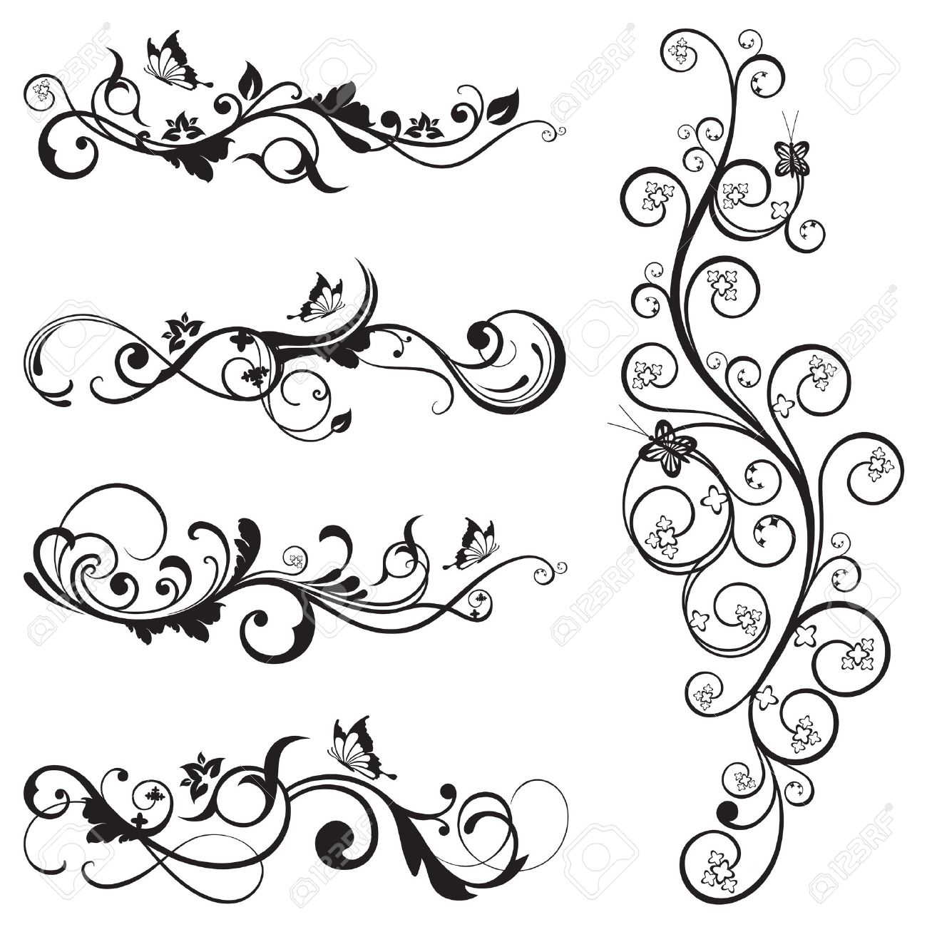 蝶や渦巻きとビンテージ シルエットはフローラル デザインのコレクションのイラスト素材 ベクタ Image