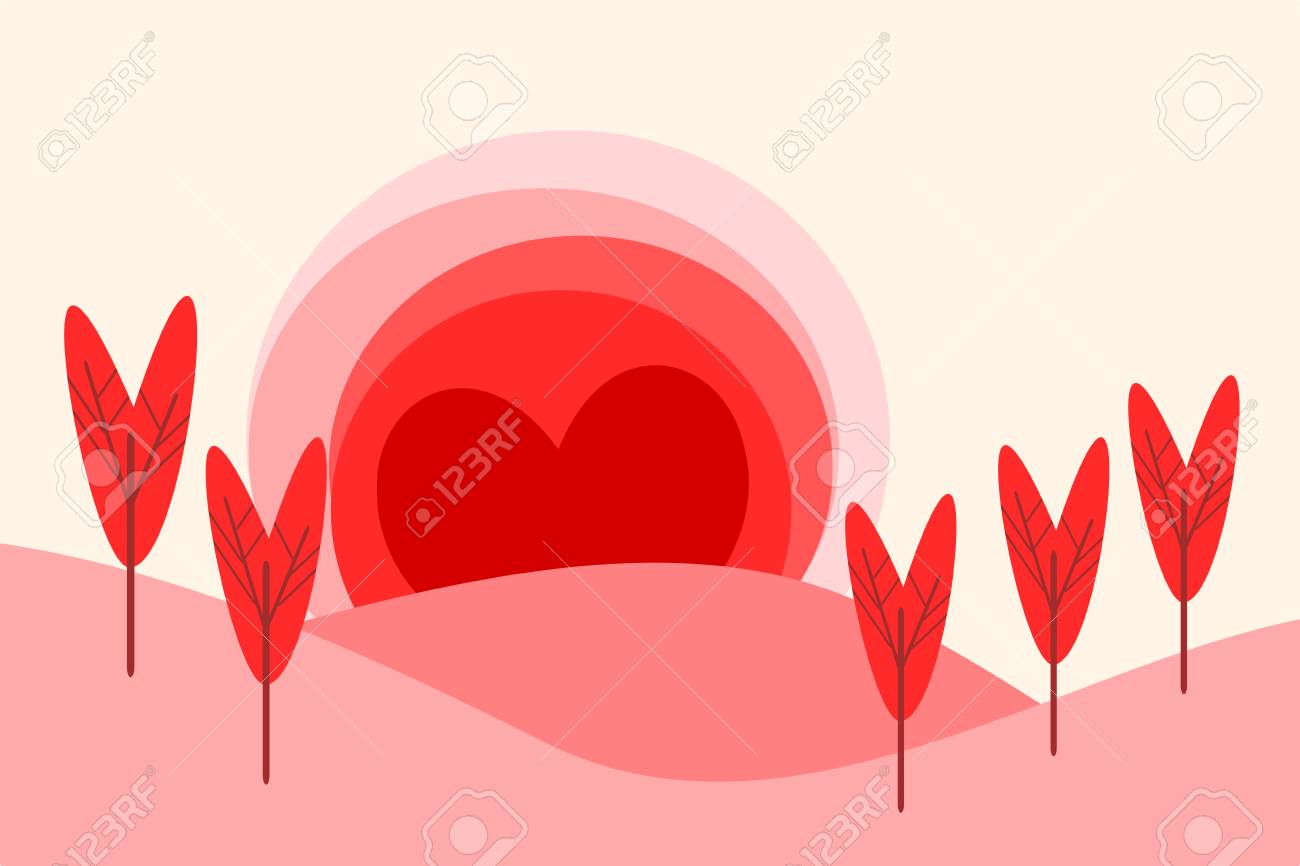Ilustracao De Uma Paisagem No Vetor Liso Dos Desenhos Animados Do Projeto Coracoes Do Formulario Da Paisagem Para O Dia De Valentim Conceito De Amor E Coracao Imagem Para Impressao Cartao Postal