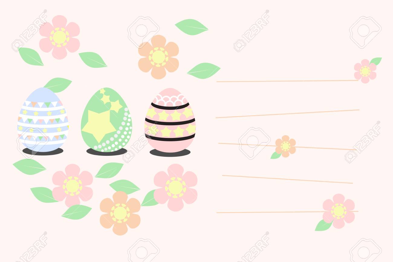 フラットデザイン漫画ベクトルのイラスト パステルカラーのイースターエッグと花 春とイースターに関連する時間 印刷 グリーティング カードまたはグラフィック デザイン用の線とコピースペースを持つ画像 のイラスト素材 ベクタ Image