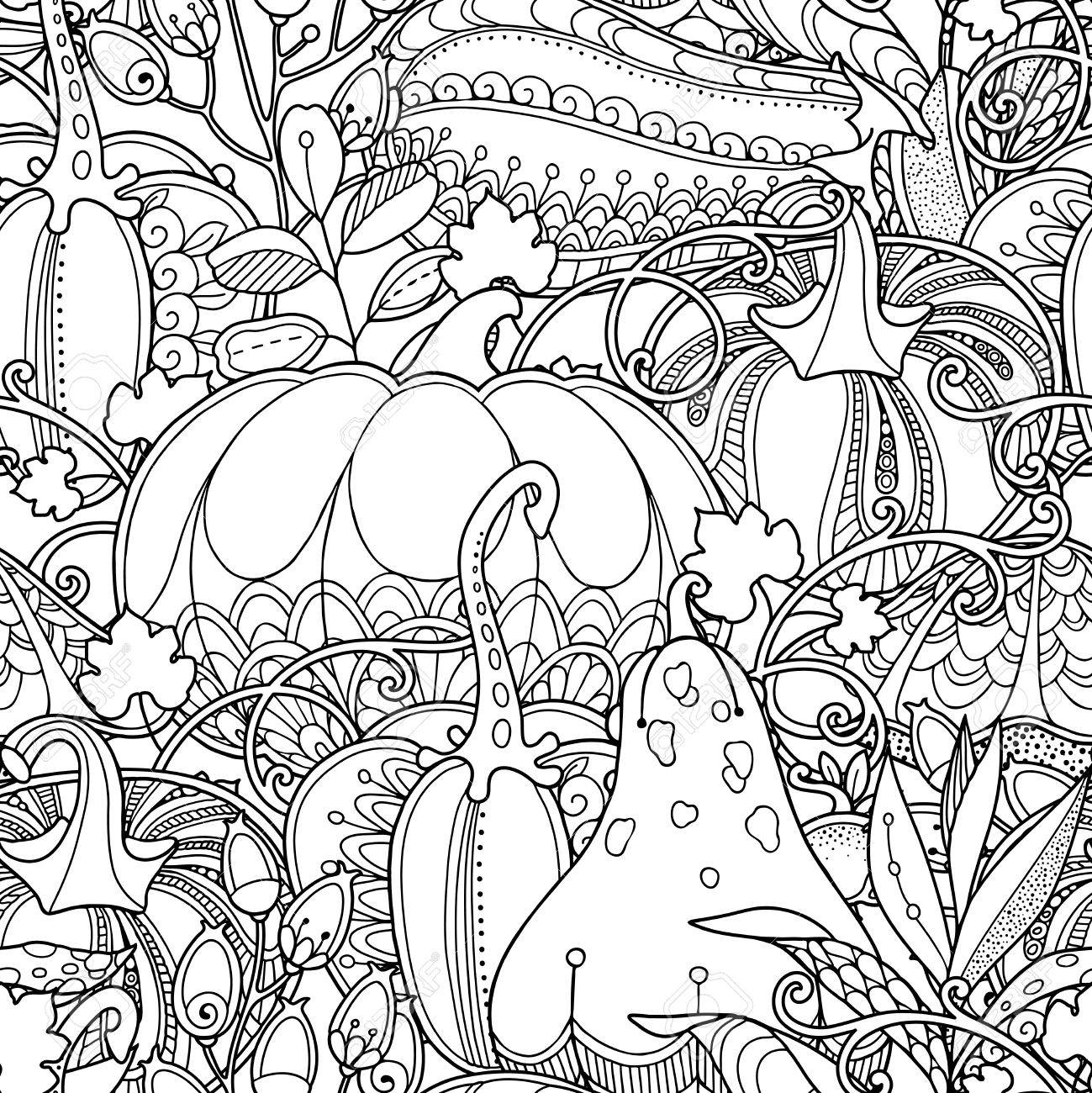 Pumpkins Berries And Leaves Coloring Book Page Seamless Garden Pattern In Doodle Style Floral Ornate Decorative Tribal Vector Design