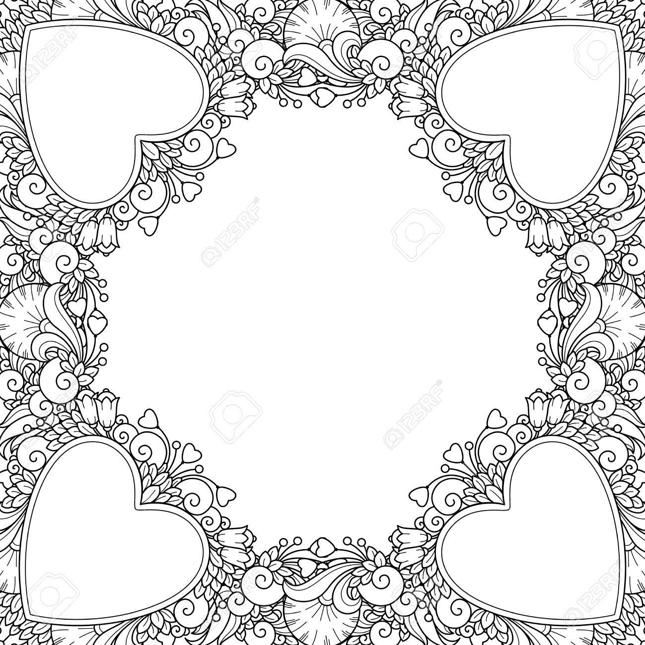 Zentangle Coloring Book Page Decorative Love Frame With Hearts Flowers Ornate Elements In Doodle Style Floral