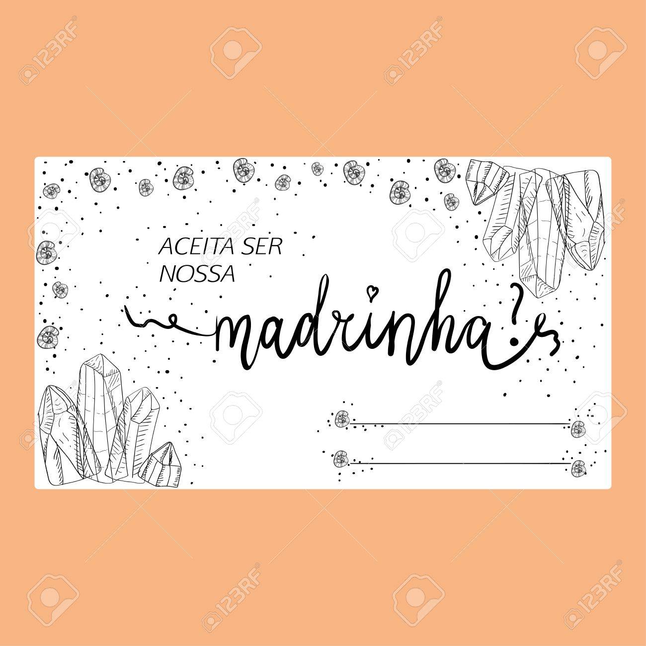 テンプレート結婚式招待状 ポルトガル語の言語のテキストができます私たち花嫁介添人ですか 結晶と カードの周り貝殻手描きのレタリング のイラスト素材 ベクタ Image
