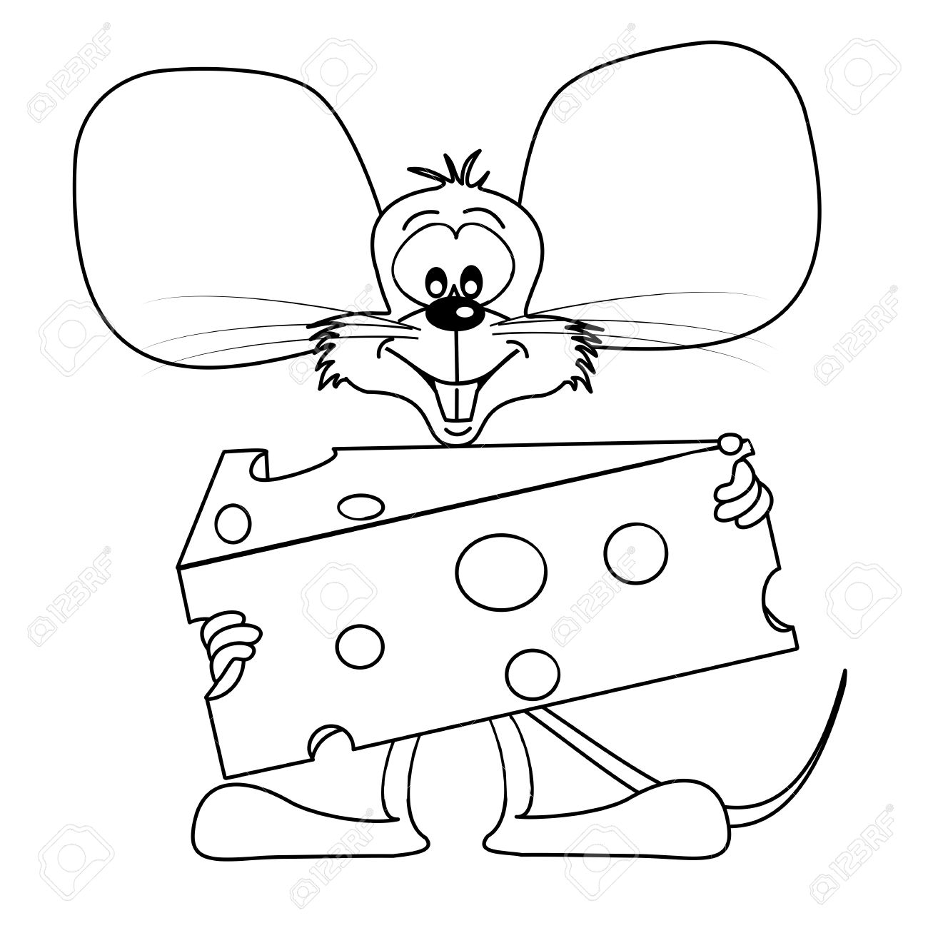 Cartoon Mouse With Cheese Outline For Colouring Book Royalty Free ...