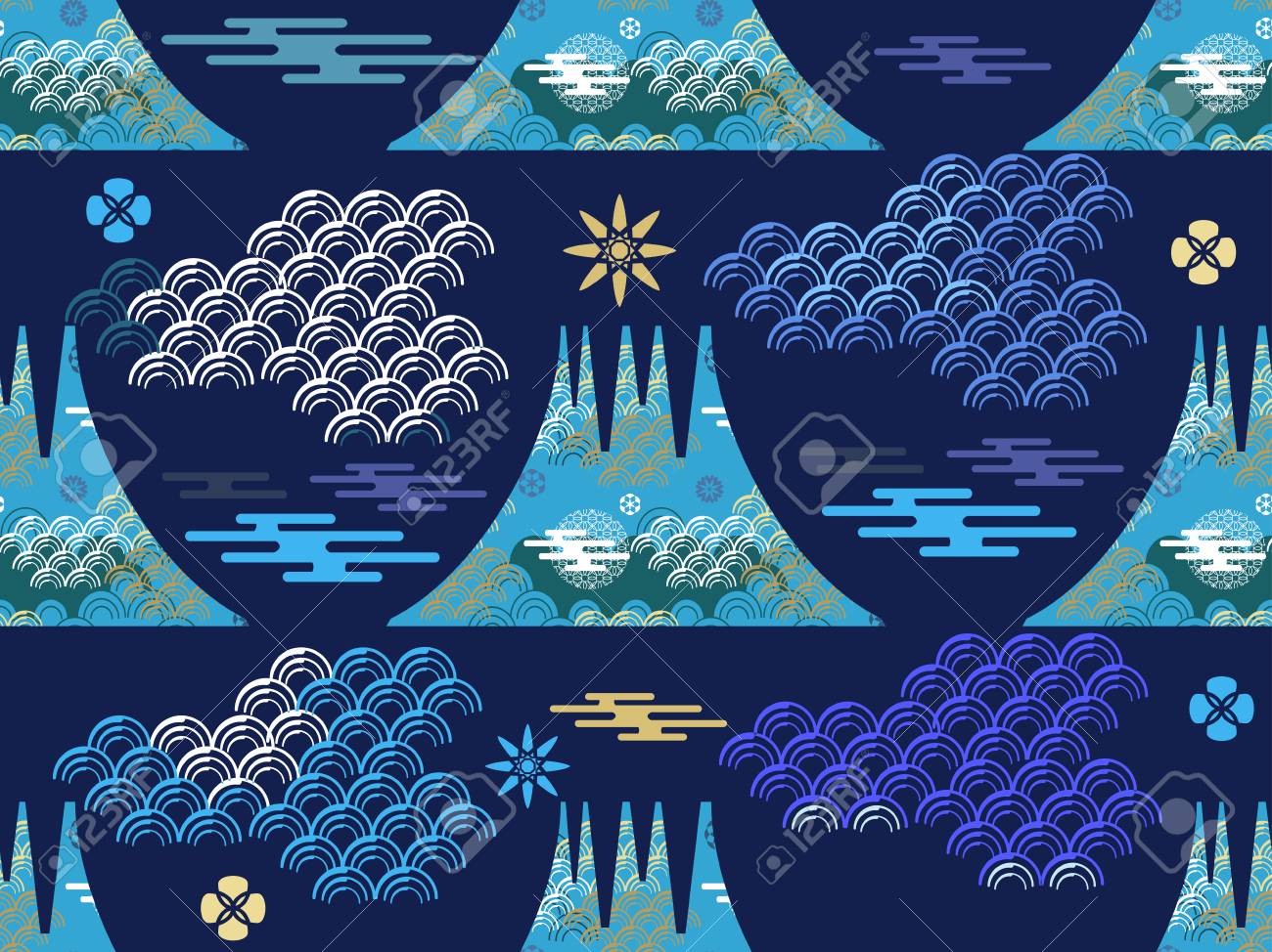 雲 富士 波 花と美しい日本のシームレスなパターン ベクトルシームレスなアジアのテクスチャ 包装 繊維 紙 本のカバー 製造 壁紙 ギフトラップ スクラップブッキングに印刷します のイラスト素材 ベクタ Image