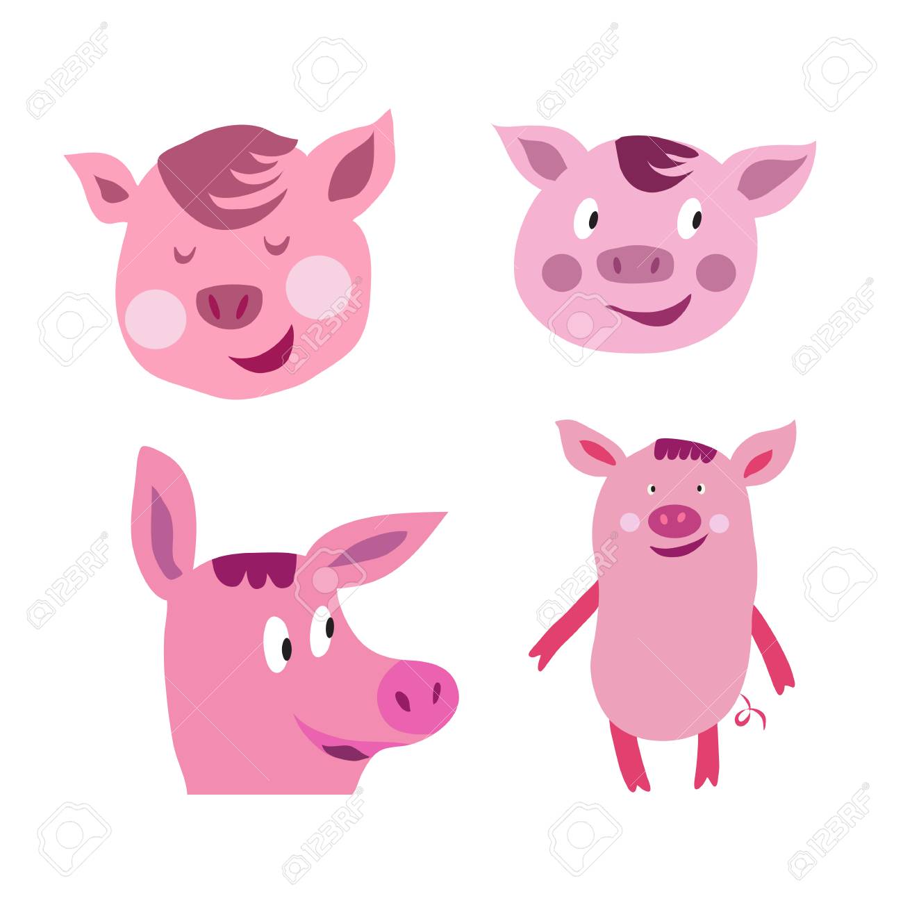 set of funny cute pink pigs in cartoon style pig symbol royalty