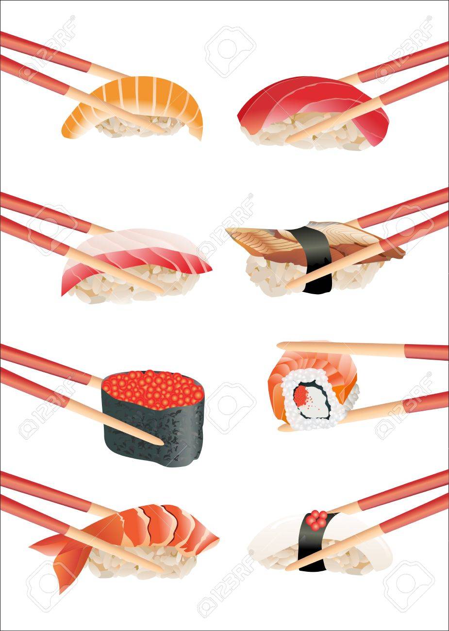 Sushi with chopsticks isolated over white background - 16749639 Sushi with chopsticks isolated over white background - 16749639