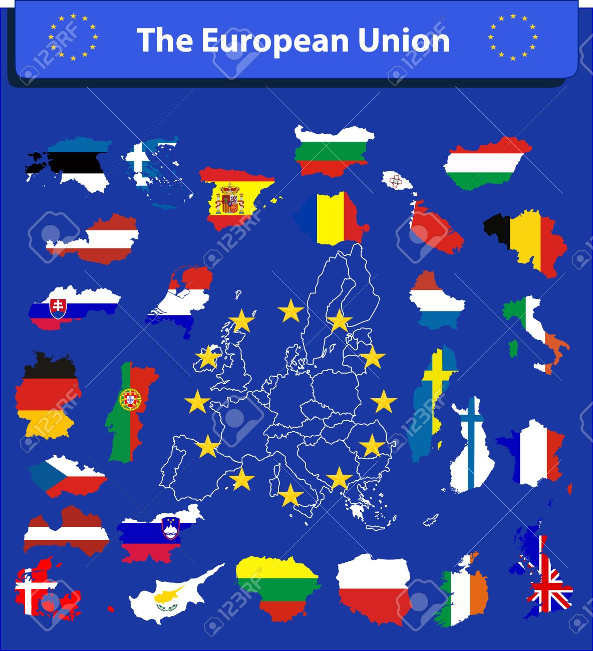 La Carte De Lunion Européenne Et Tous Les Pays Drapeaux Des Pays Membres De Lunion Européenne Superposées Sur Fond De Carte