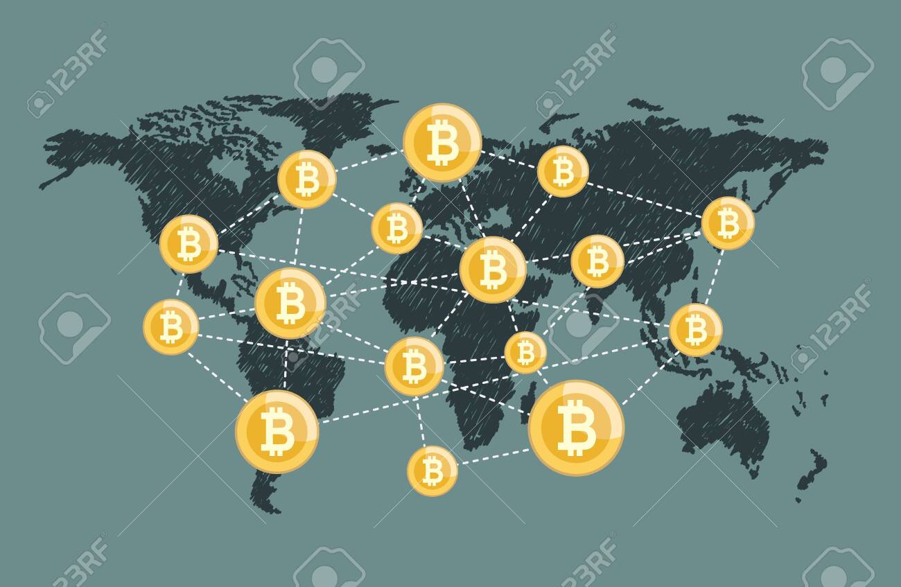 세계 네트워크와 암호화 통화 비트코인 삽화가 포함된 세계 지도. 평면 디자인의 벡터 일러스트 레이 션 로열티 무료 사진, 그림, 이미지  그리고 스톡포토그래피. Image 136584714