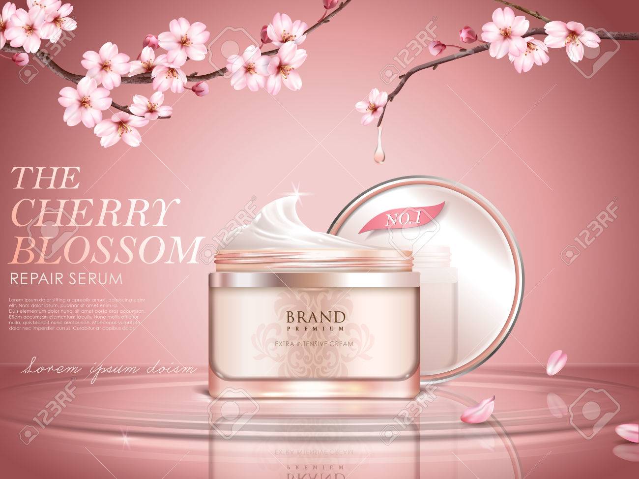 Graceful cherry blossom cosmetic ad, cream bottle upon water surface, sakura branches with dripped water in 3d illustration - 82759154 Graceful cherry blossom cosmetic ad, cream bottle upon water surface, sakura branches with dripped water in 3d illustration - 82759154
