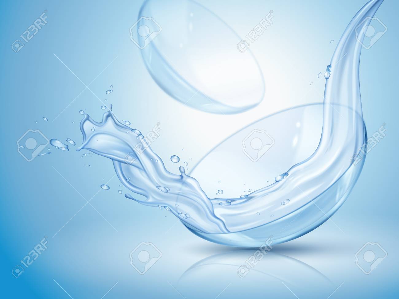 Lentilles De Contact Avec Leau Qui Coule Clair Dans Lillustration 3d Isolé Sur Fond Bleu Clair