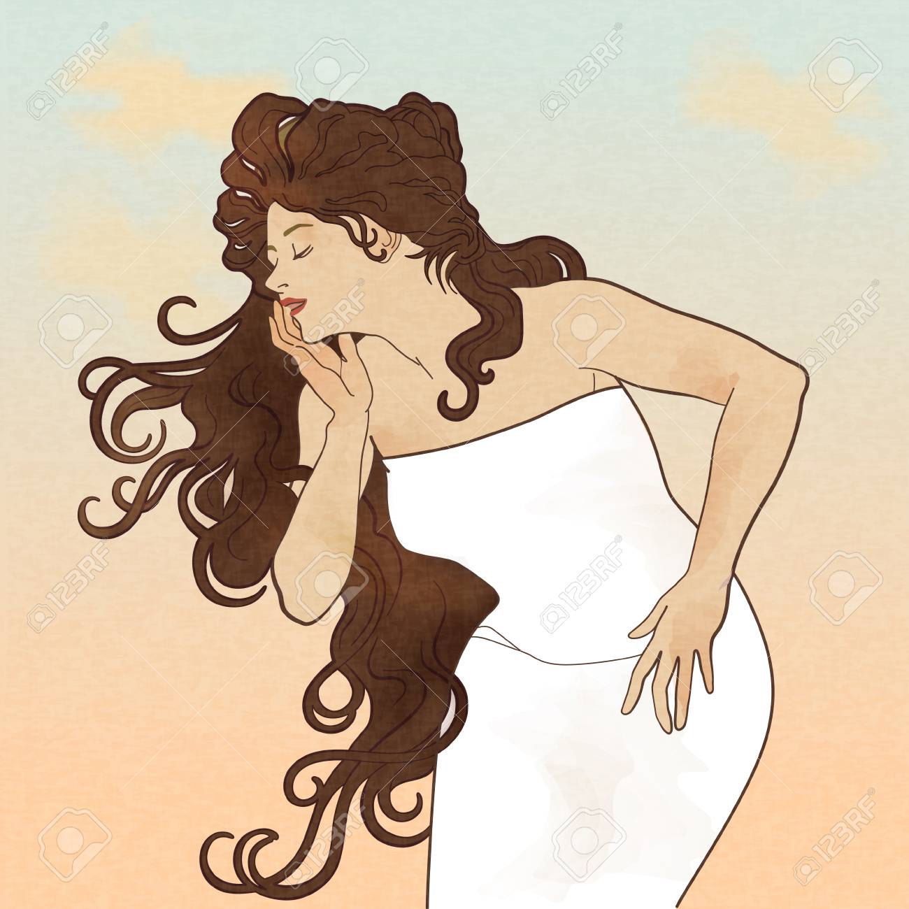 Attractive Goddess With Long Brown Hair In White Dress