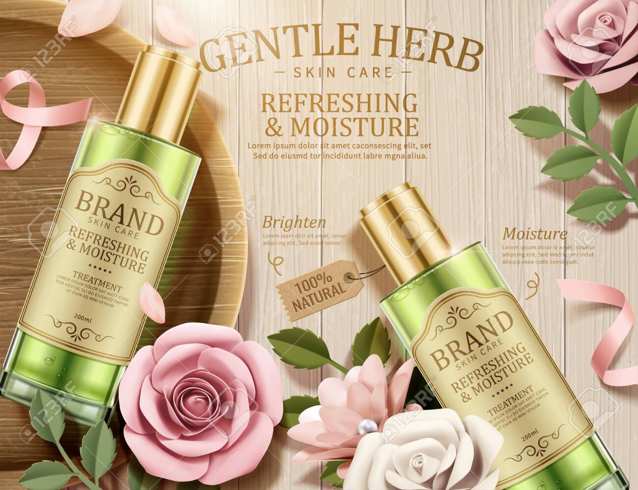 gentle herb toner ads with paper flowers on wooden table in 3d paper flower plant care