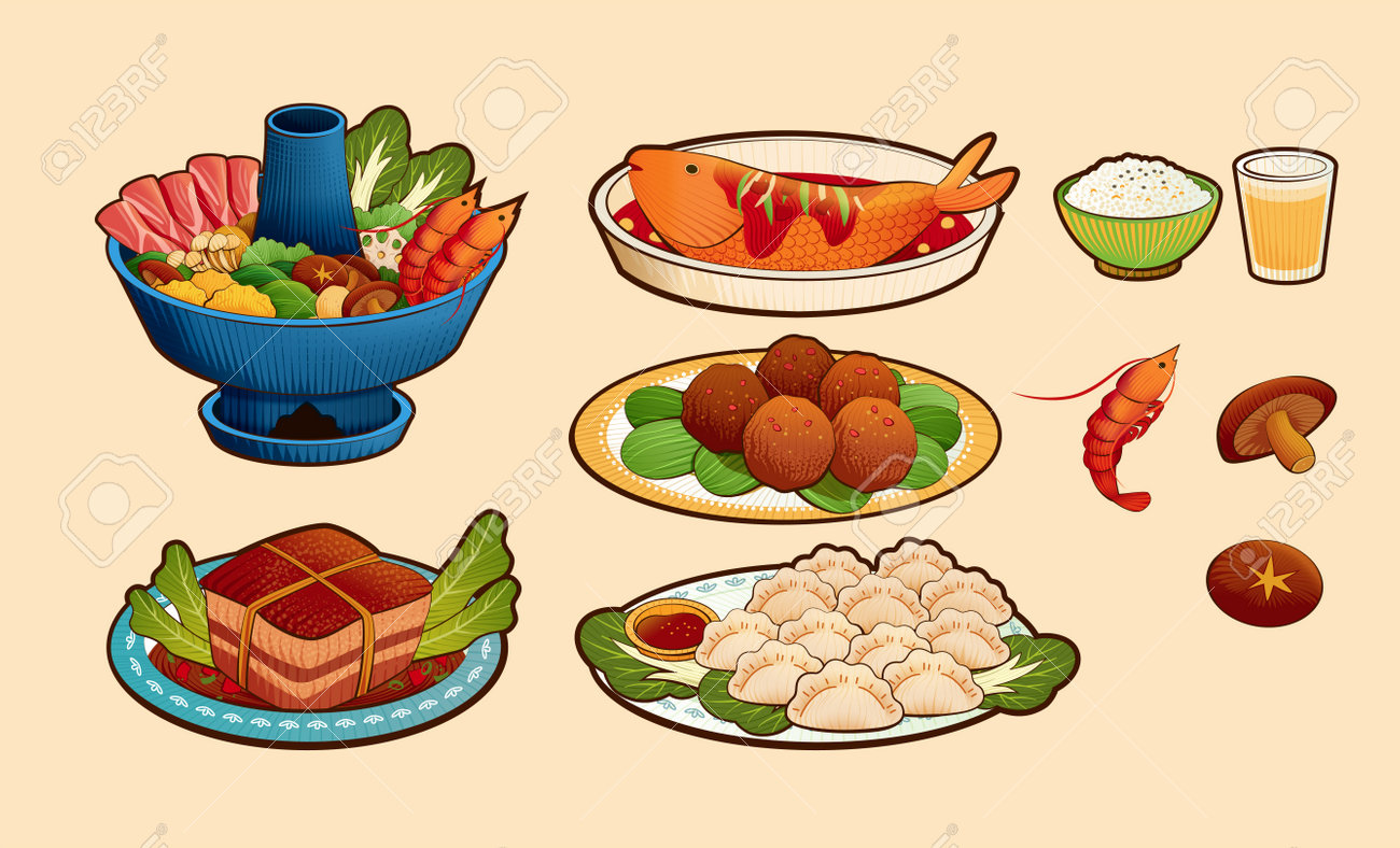 Zestaw dań obiadowych tradycyjnego chińskiego spotkania. ilustrowany gorący garnek, duszona wieprzowina dongpo, ryby, klopsiki, pierogi, ryż, piwo, krewetki i shiitake na białym tle na beżowym tle. - 191516003 Zestaw dań obiadowych tradycyjnego chińskiego spotkania. ilustrowany gorący garnek, duszona wieprzowina dongpo, ryby, klopsiki, pierogi, ryż, piwo, krewetki i shiitake na białym tle na beżowym tle. - 191516003