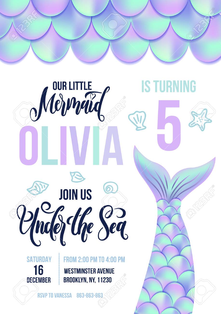 Mermaid Birthday party invitation card. Holographic fish scales and tail invitation. Sea party invitation with lettering . Vector illustration. - 97871933 Mermaid Birthday party invitation card. Holographic fish scales and tail invitation. Sea party invitation with lettering . Vector illustration. - 97871933