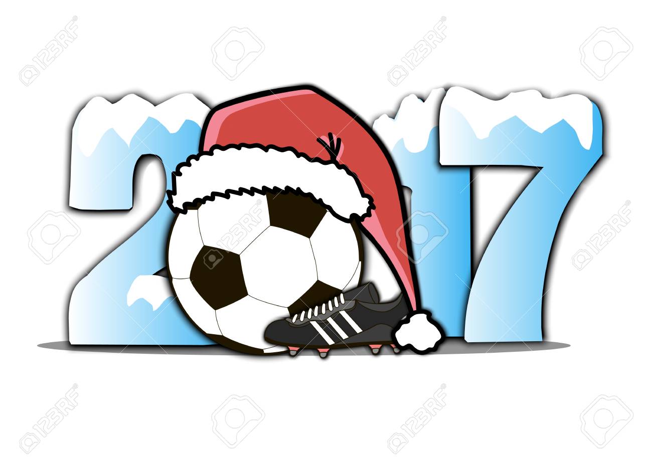 雪の新年番号 17 とサッカー ブーツとクリスマスの帽子のサッカー ボール ベクトル図のイラスト素材 ベクタ Image