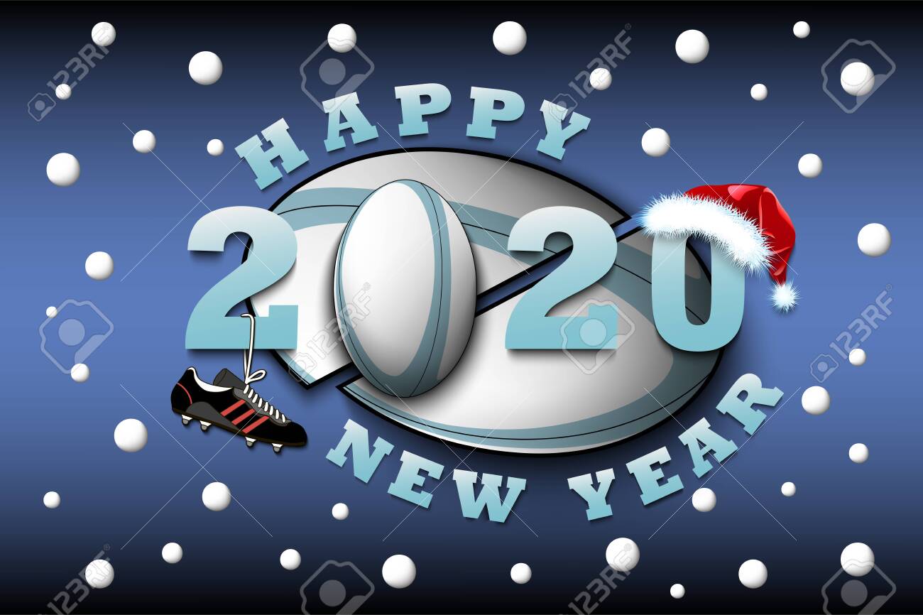 Happy New Year 2020 And Rugby Ball With Boot And Christmas Hat