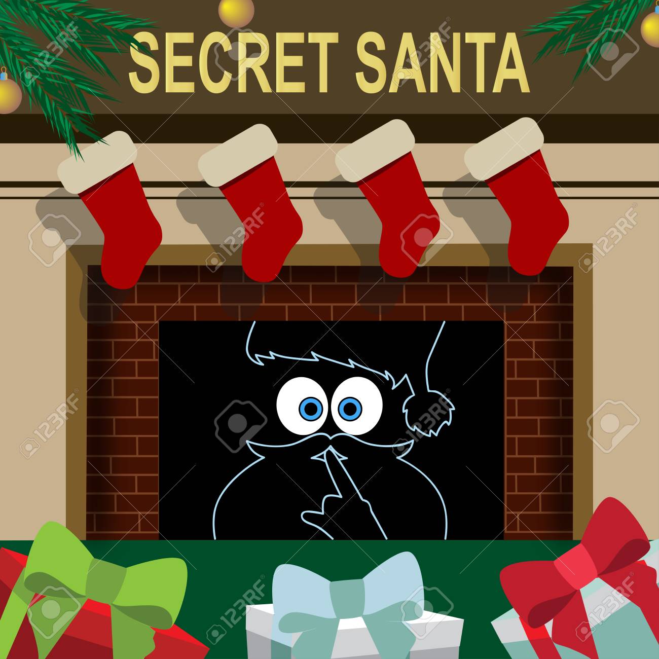 cartoon secret santa christmas invitation template fireplace