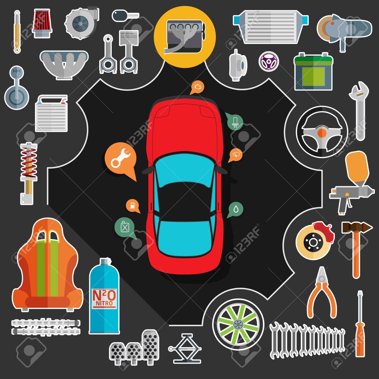 Gran Conjunto De De Repuesto Para Automóviles. Tuning Y Modernización. Svg, Vectoriales, Clip Art Vectorizado Libre De Derechos. Image 65225164.