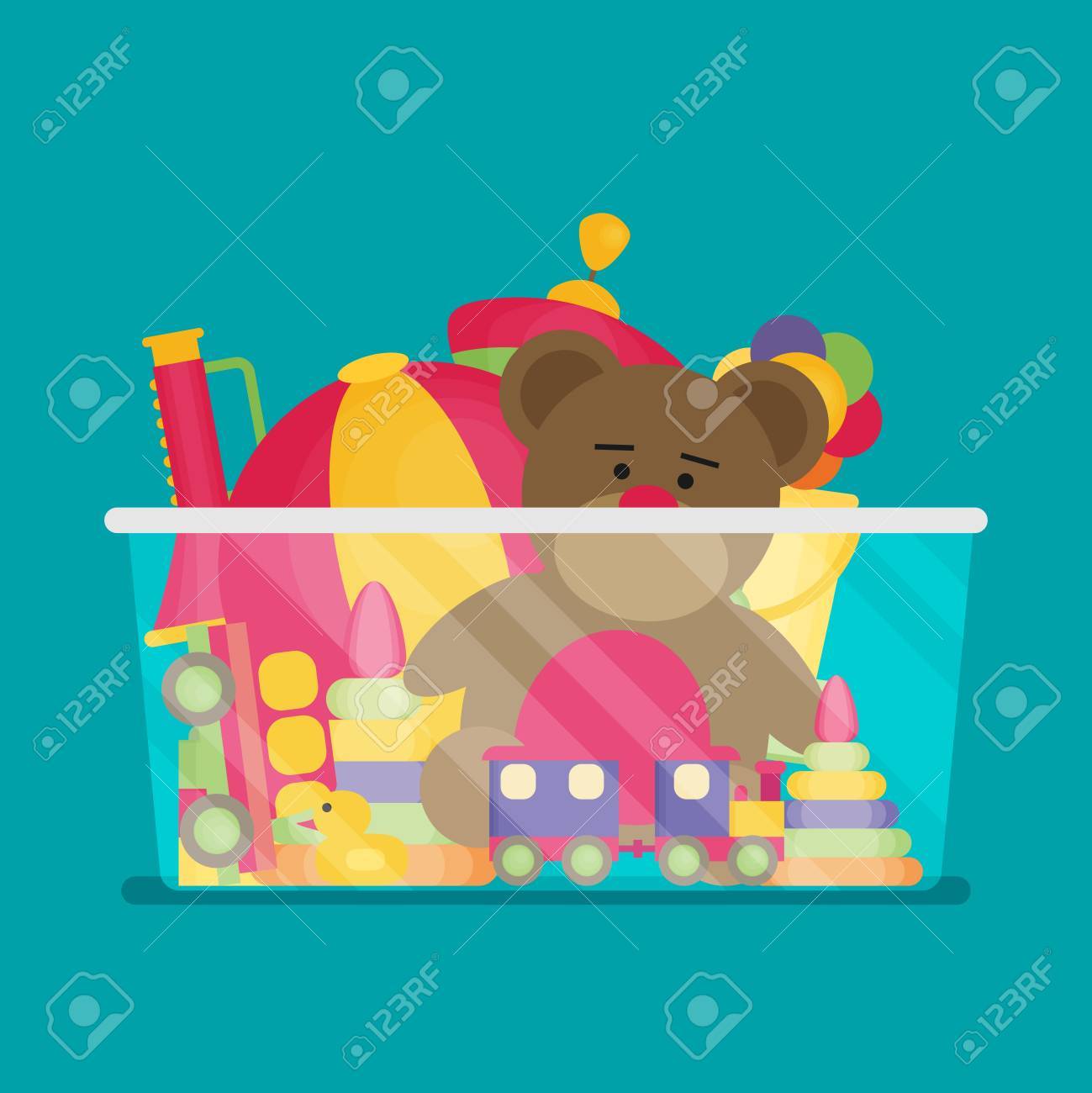 子供たちはおもちゃ箱のおもちゃでいっぱいです フラット モダン ベクター イラスト漫画アート のイラスト素材 ベクタ Image