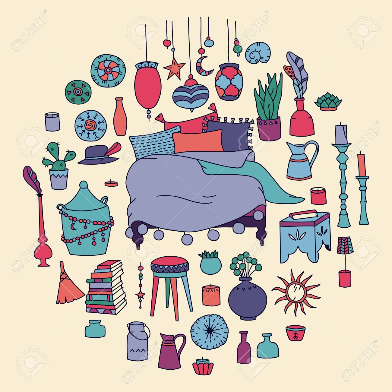 Vector Set Of Furniture Of Bedroom Gypsy Style