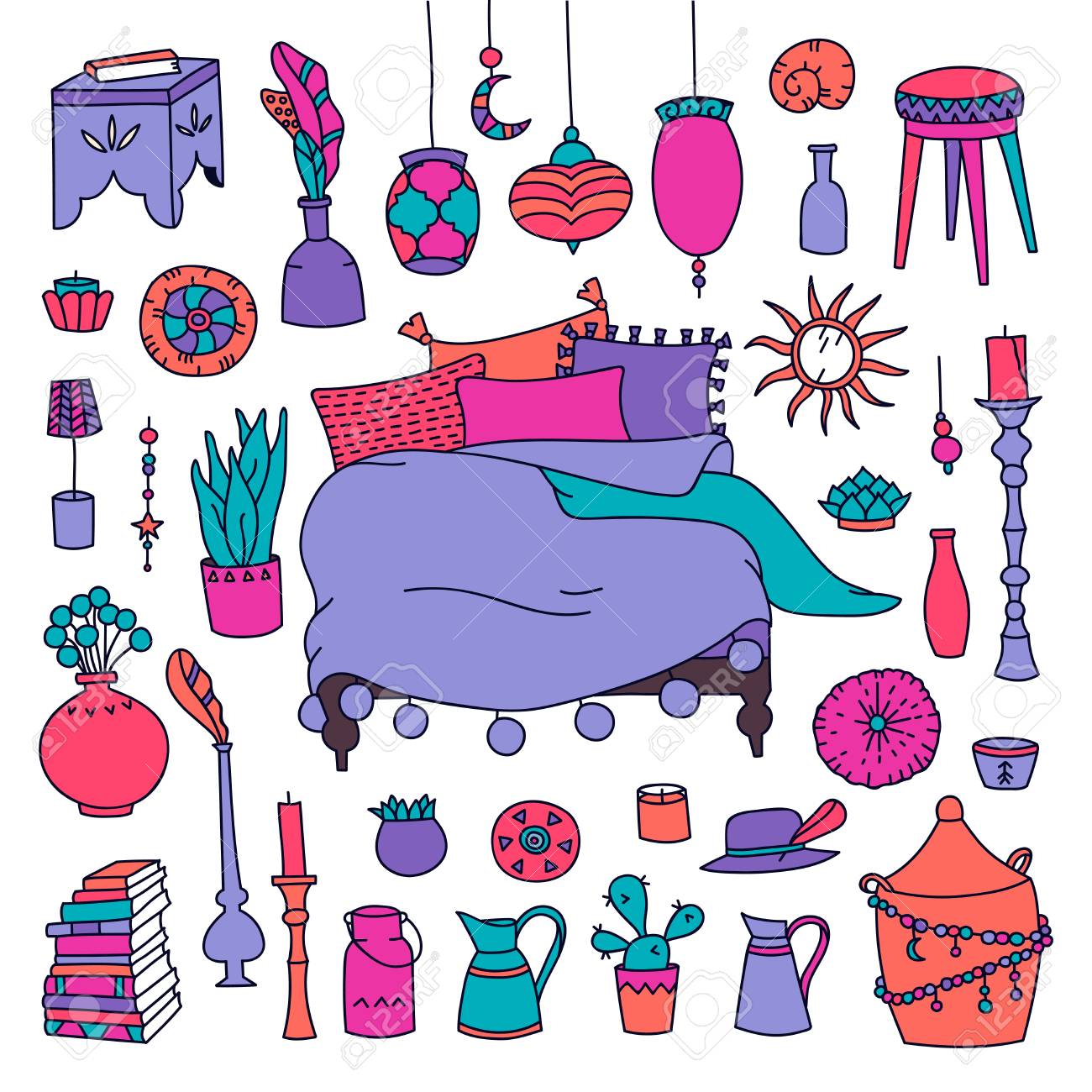 Vector Set Of Furniture And Accessories Of Bedroom Gypsy Style