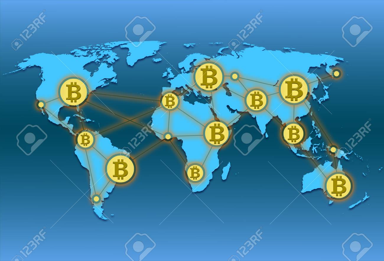 Mapa Del Mundo Con La Red Mundial Y La Ilustración De Bitcoin Moneda  Criptográfica Fotos, retratos, imágenes y fotografía de archivo libres de  derecho. Image 90333141
