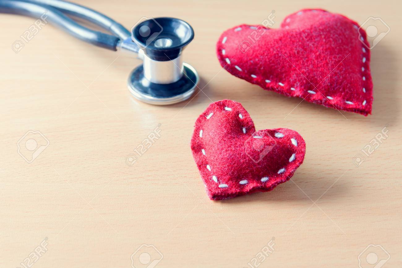 Fabric Red Heart And Stethoscope On Wooden Table State On Mind - 