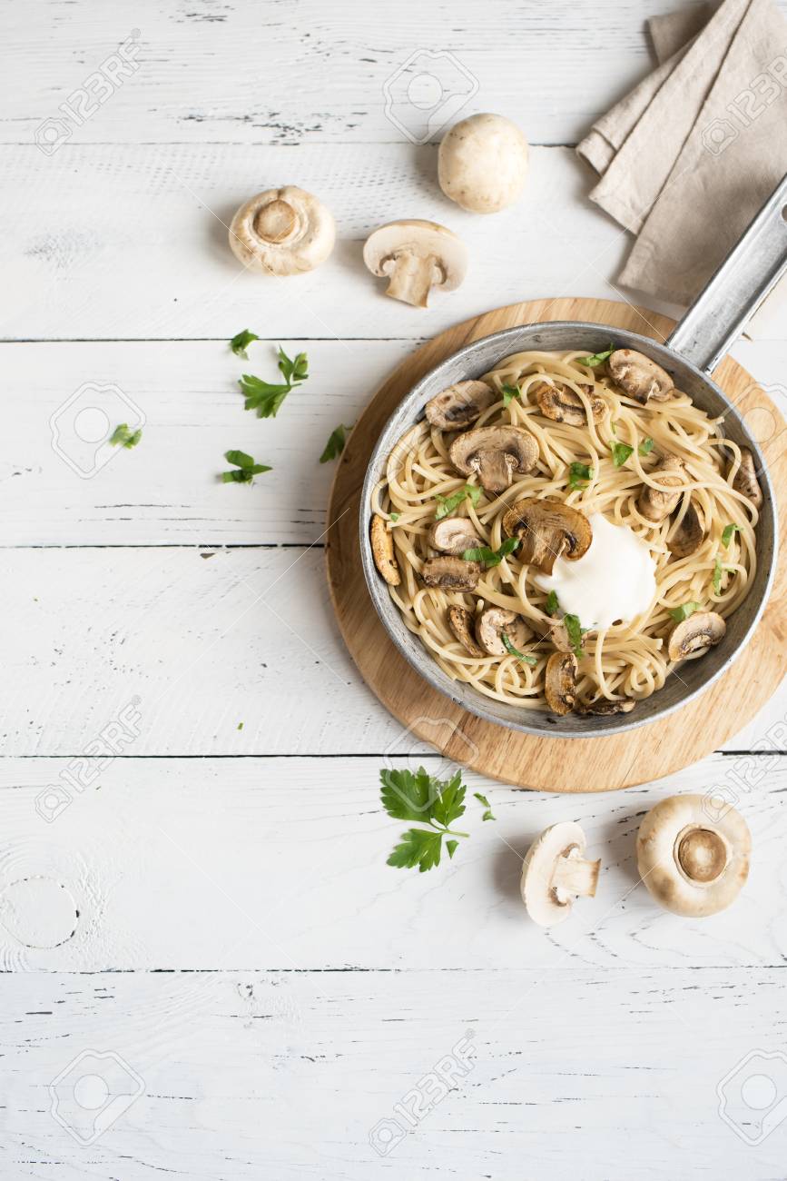 Mushroom Spaghetti Pasta And Cream Sauce On White Background Stock Photo Picture And Royalty Free Image Image 111418736