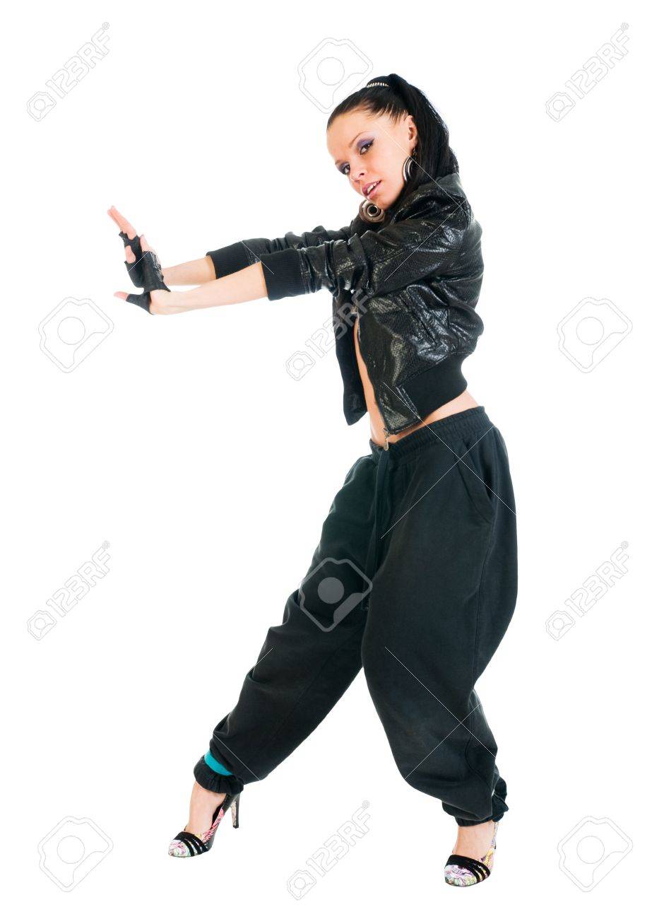 cool active female hip hop dancer on white background stock photo