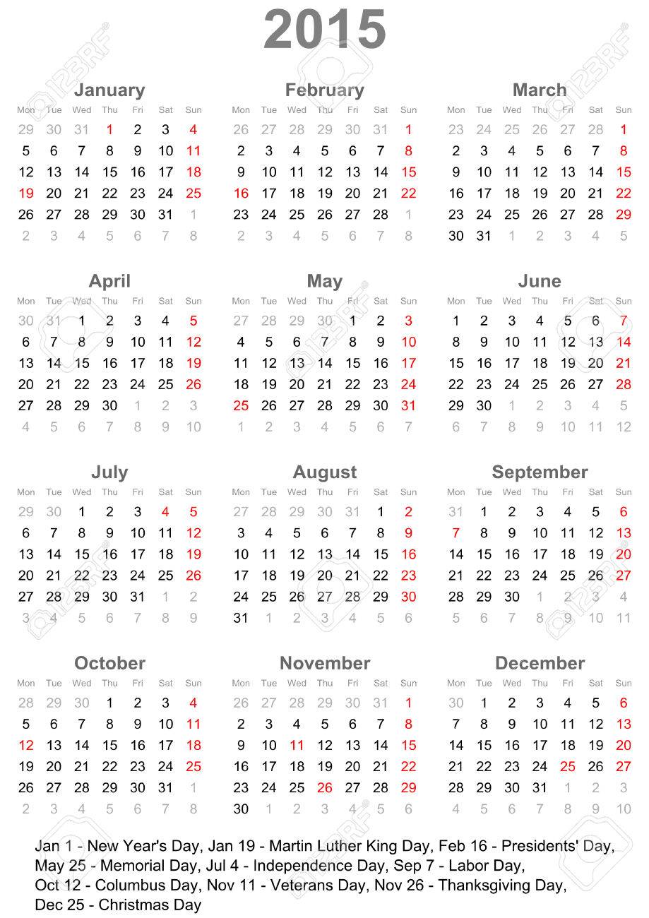 米国のためのカレンダー 15年から始まる月曜日休日マーキングとホリデー日程のイラスト素材 ベクタ Image