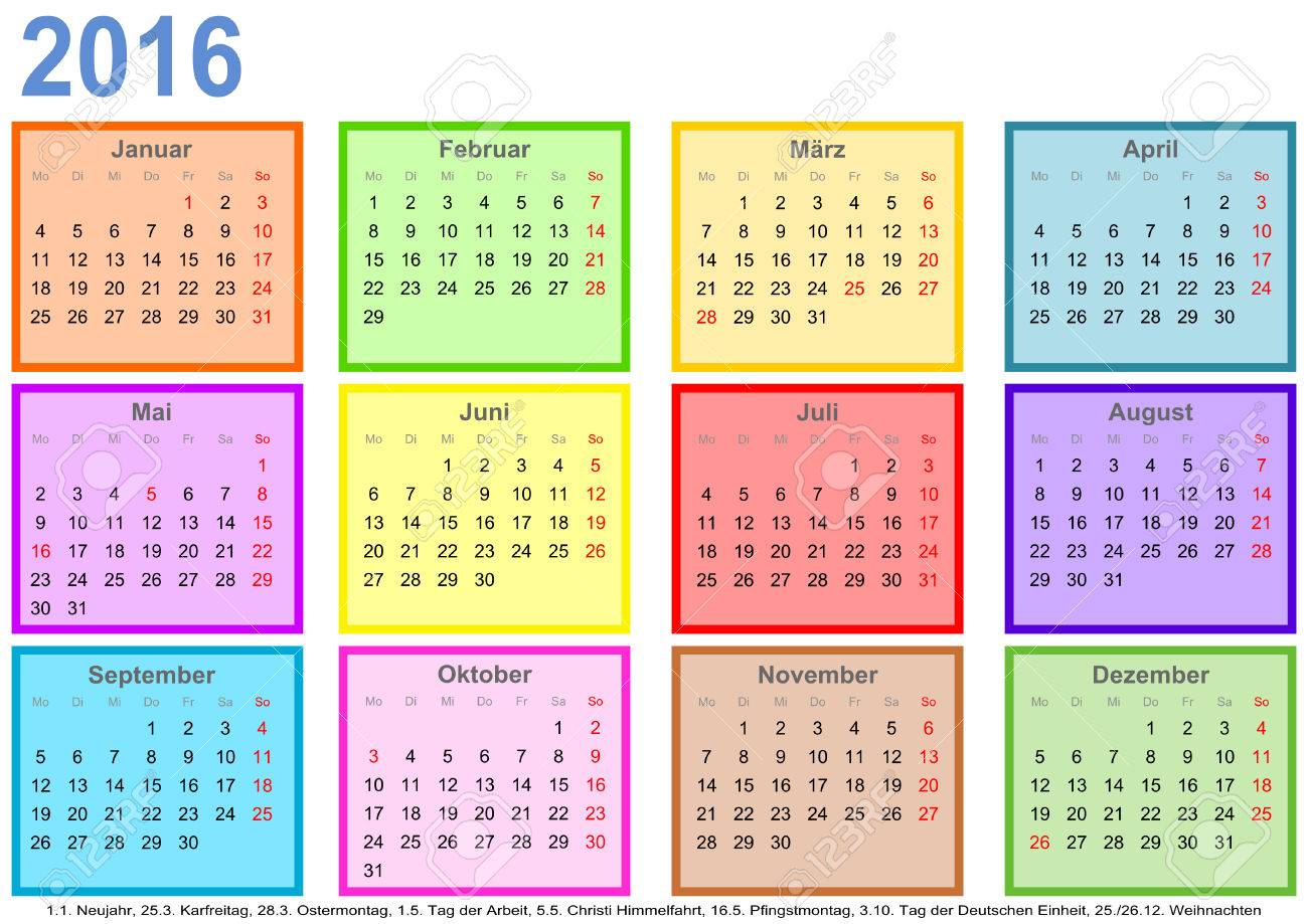 calendar 2016 with colorful