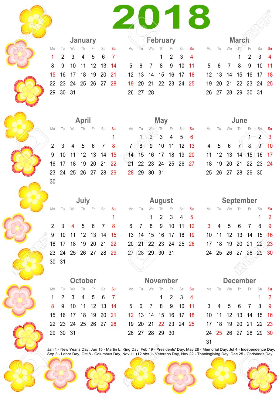 マーキングと色とりどりの花で縁取られたアメリカの祝日の一覧カレンダー 18 のイラスト素材 ベクタ Image
