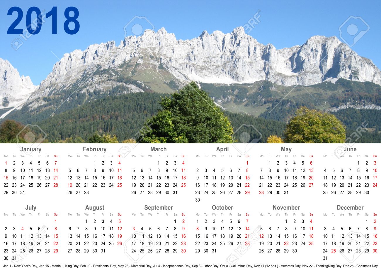 annual calendar 2018 with mountain landscape above and public calendar landscape