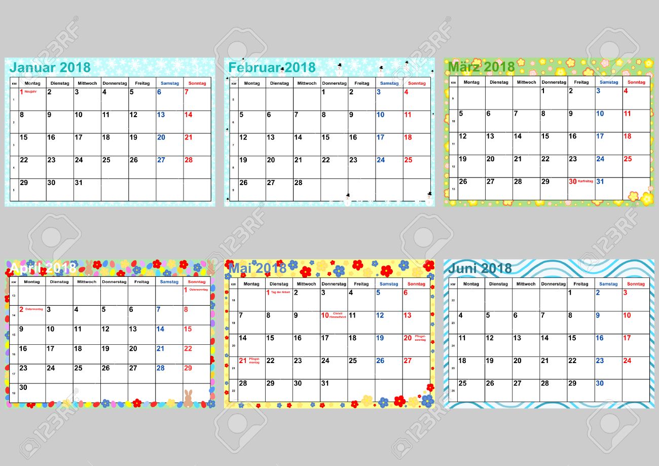 カラフルなカレンダー 18 ドイツの祝日 6 月 ベクトル 週に 1 月は 月曜日を開始半年で区切られたセットです のイラスト素材 ベクタ Image