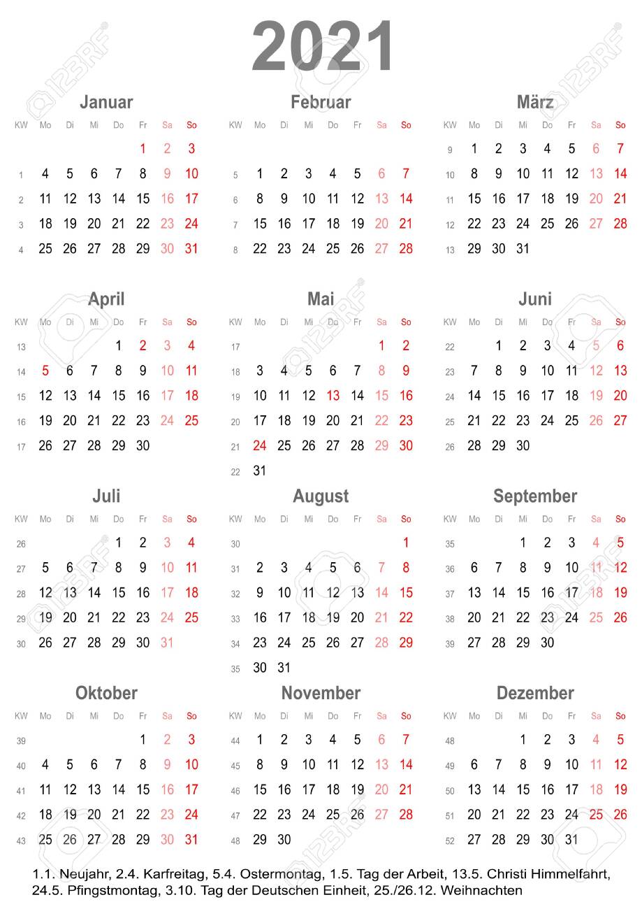 Simple Calendar 21 One Year At A Glance Starts Monday With Public Holidays For Germany In A Portrait Format Royalty Free Svg Cliparts Vectors And Stock Illustration Image