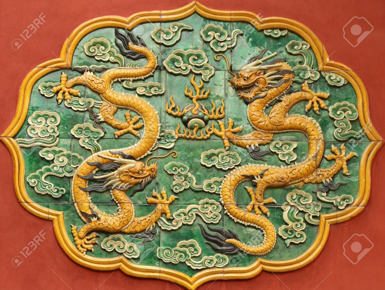 Ceramic Decoration With Dragons On Wall In Forbidden City In