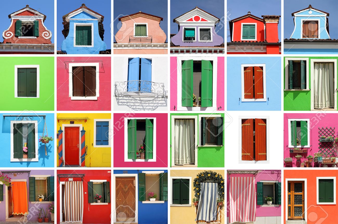 窓やドア ブラーノ ヴェネツィア イタリア ヨーロッパと多くの画像の抽象的なカラフルな家 の写真素材 画像素材 Image
