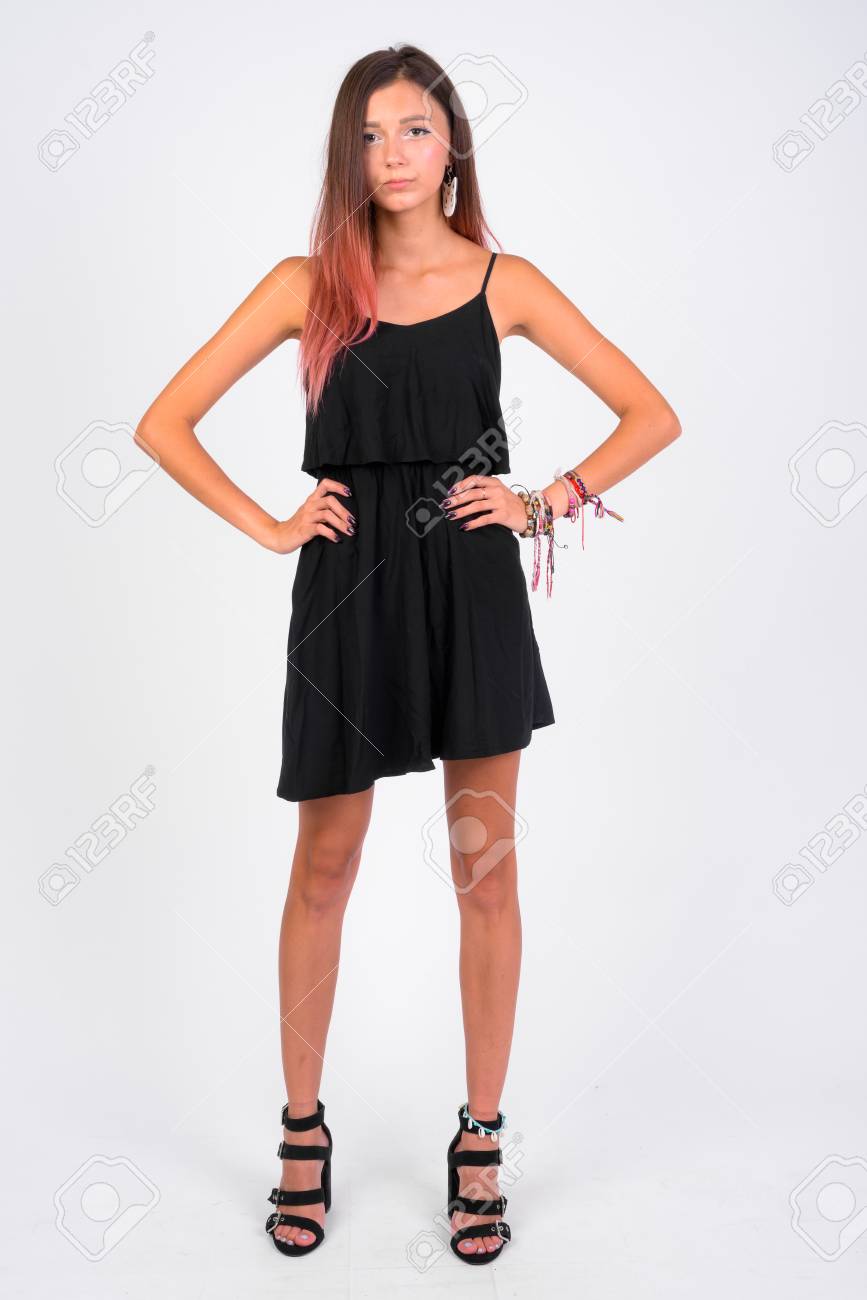 Full Body Shot Of Young Beautiful Woman Wearing Black Dress Stock Photo,  Picture and Royalty Free Image. Image 114850073.