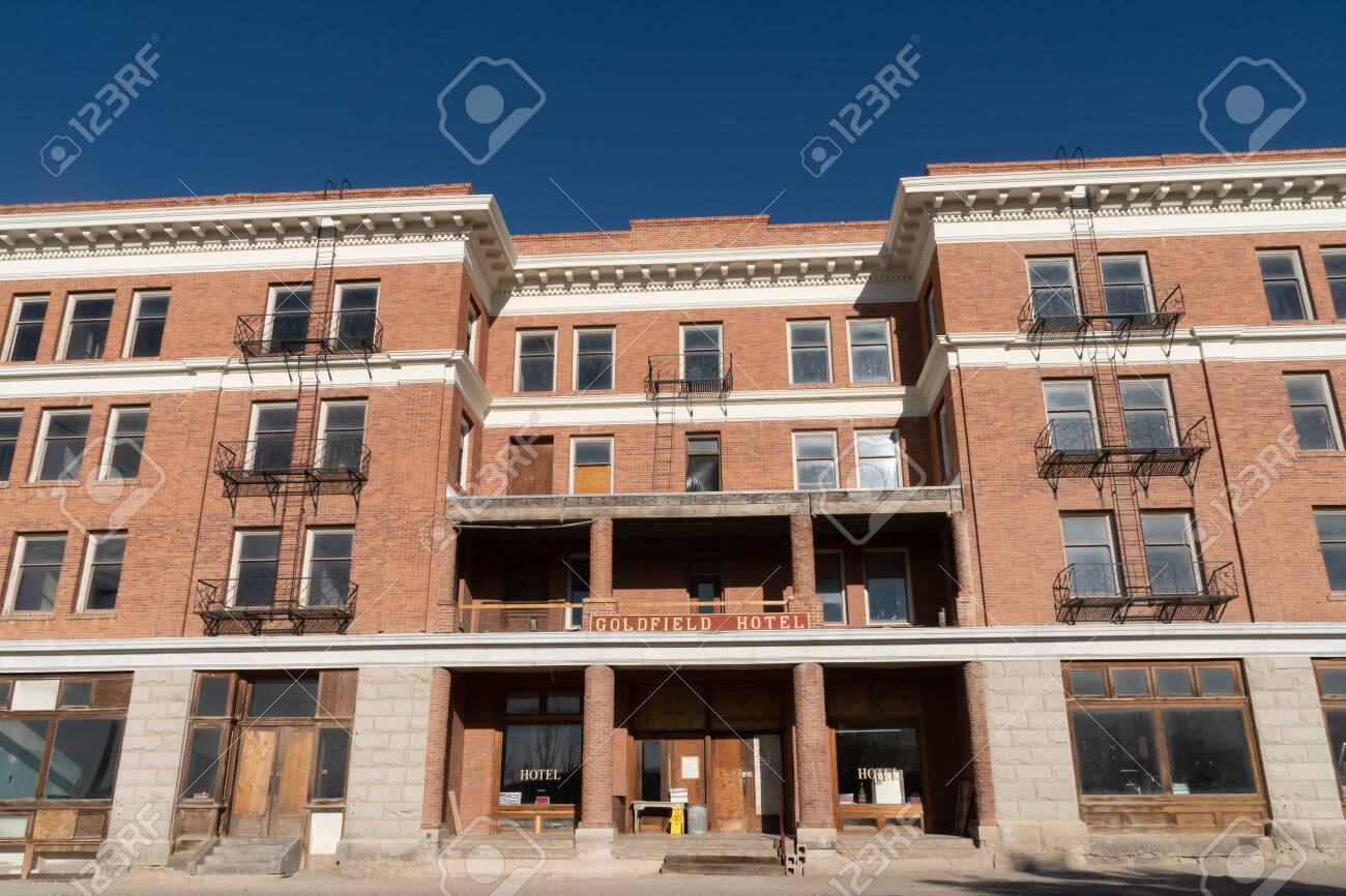 Exterior View Of The Goldfield Hotel Sign In Goldfield Nevada The Hotel Is Abandoned And Supposedly Haunted July 4 2018 - Goldfield Nv Stock Photo Picture And Royalty Free Image Image 144362173