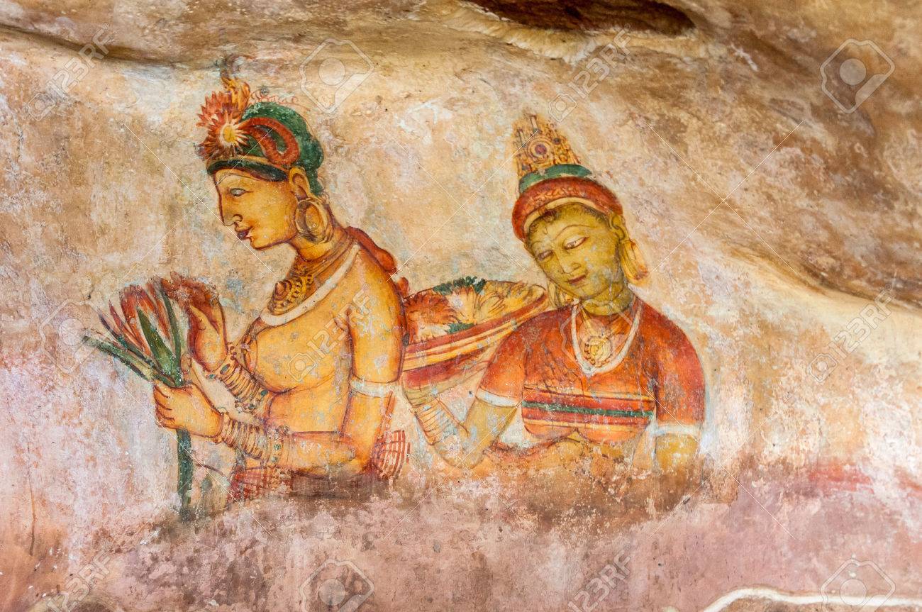 Sigirya スリランカで古代の有名な壁画のフレスコ画の写真素材
