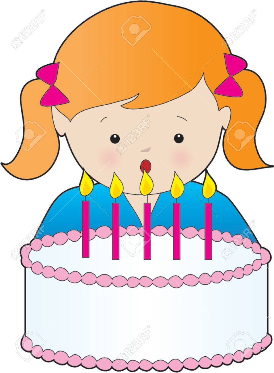 Jeune Fille Soufflant Les Bougies De Son Gateau D Anniversaire Clip Art Libres De Droits Vecteurs Et Illustration Image