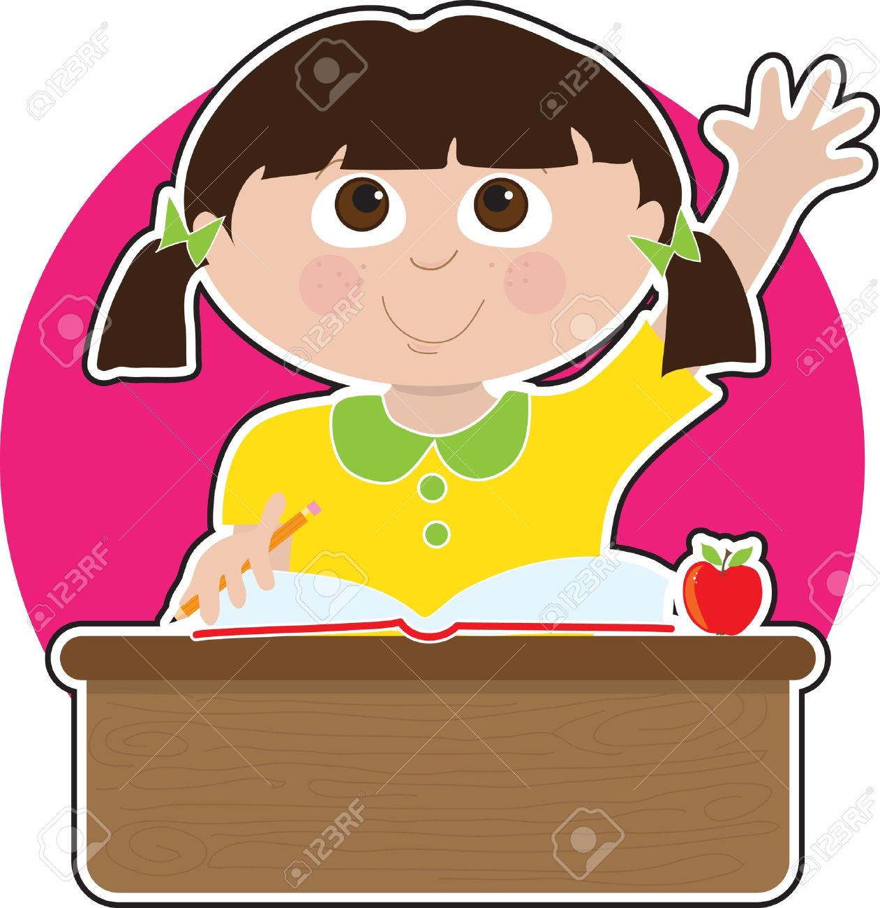 小さな女の子は学校で質問に答える彼女の手を上げている は 本と彼女の机の上のリンゴ のイラスト素材 ベクタ Image