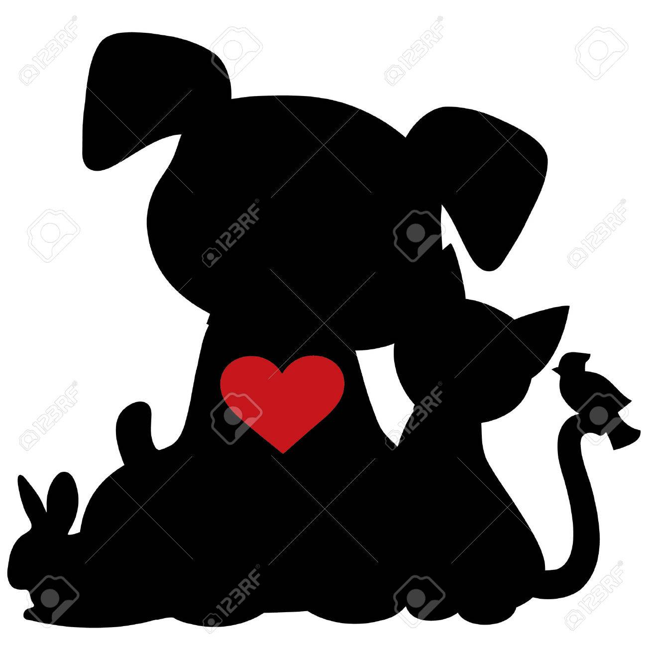 A silhouette of a group of pets including a dog, cat, rabbit and bird. There is a red heart on the dogs chest - 30636769 A silhouette of a group of pets including a dog, cat, rabbit and bird. There is a red heart on the dogs chest - 30636769