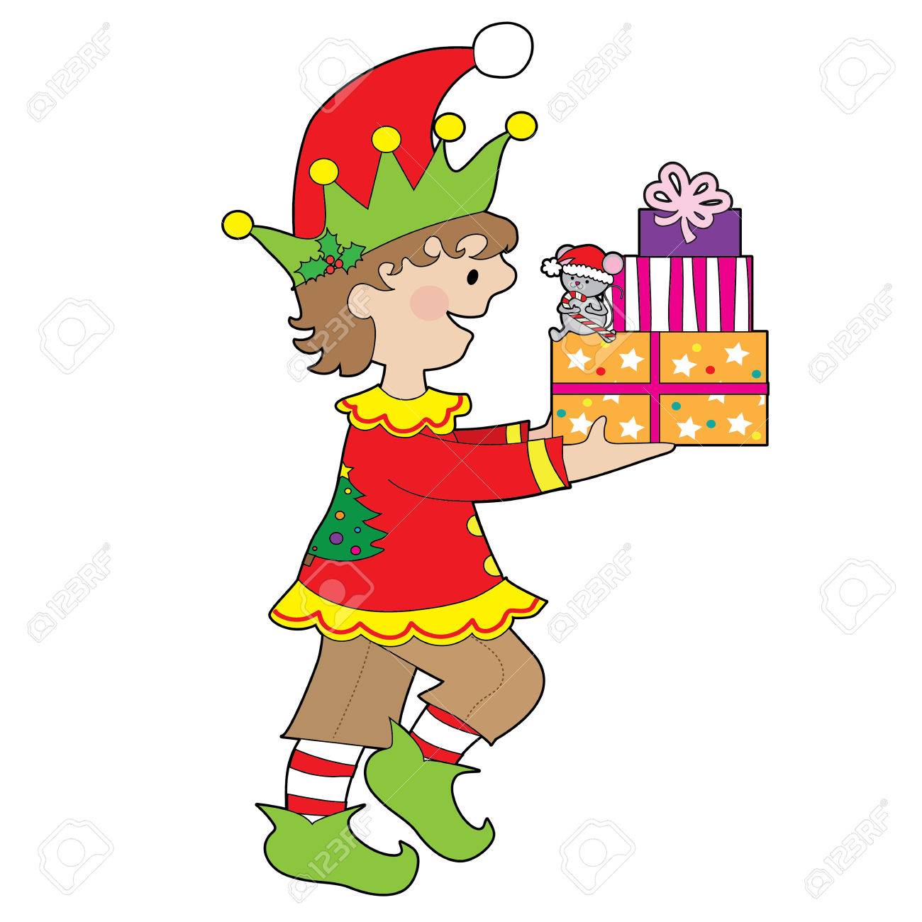 A little male elf is carrying a stack of presents that has a little mouse sitting on them - 48670028 A little male elf is carrying a stack of presents that has a little mouse sitting on them - 48670028